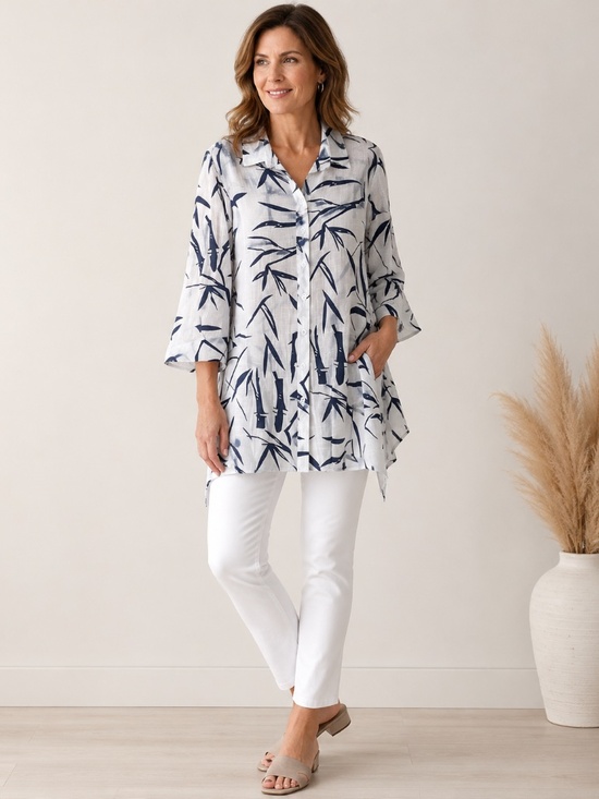 GOA Tops - NWT Goa White & Navy Bamboo Print Blouse XL Lightweight Sheer Top
